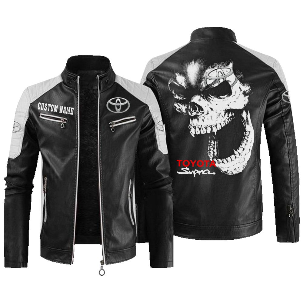 Custom Name Toyota Supra Contrast Leather Jacket - Personalized Logo Car Motorcycle Model