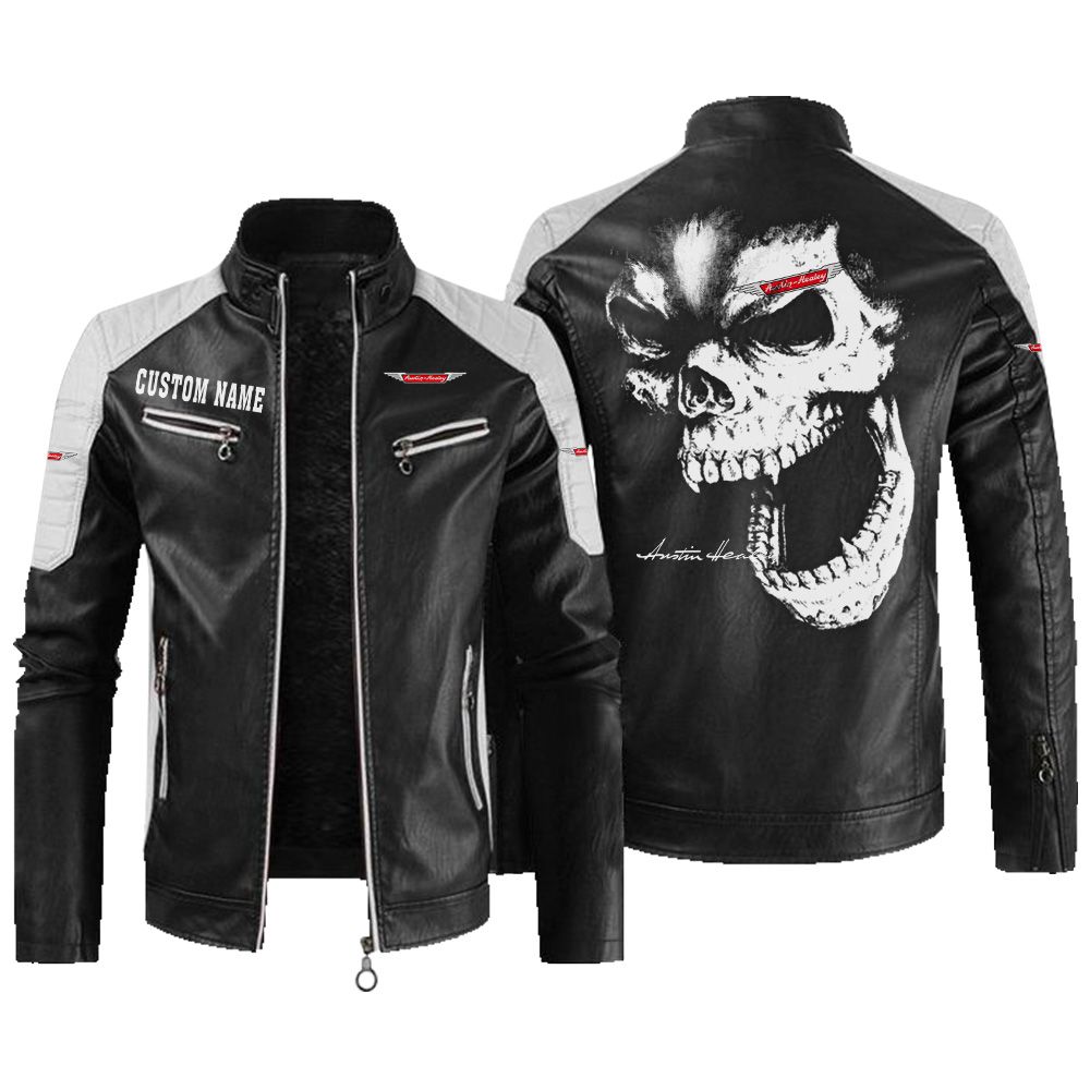 Custom Name Austin Healey Contrast Leather Jacket - Personalized Logo Car Motorcycle Model