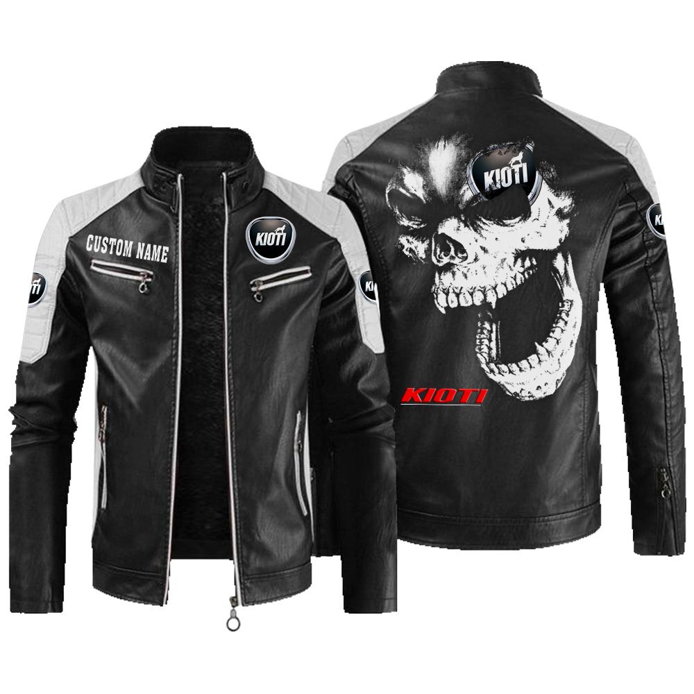 Custom Name Kioti Contrast Leather Jacket - Personalized Logo Car Motorcycle Model