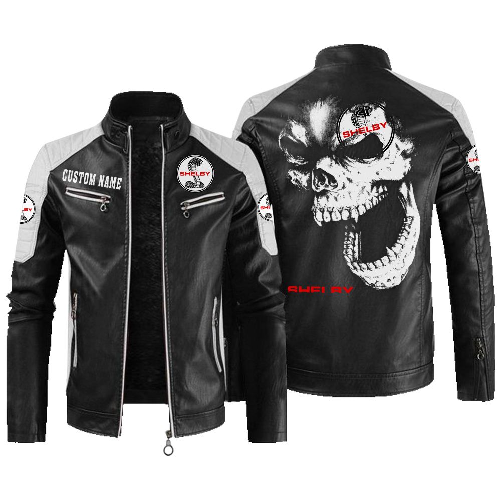 Custom Name Shelby Contrast Leather Jacket - Personalized Logo Car Motorcycle Model