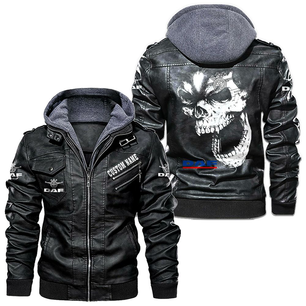 Custom Name Daf Skull Leather Jacket - Personalized Logo Car Motorcycle Model