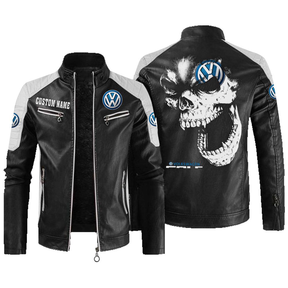 Custom Name Volkswagen Golf Contrast Leather Jacket - Personalized Logo Car Motorcycle Model