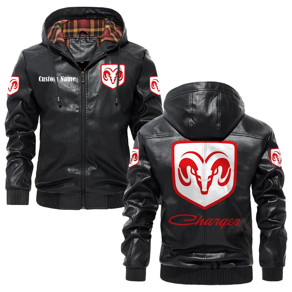 Custom Name Dodge Charger PU Leather Hooded Jacket - Personalized Logo Car Motorcycle Model