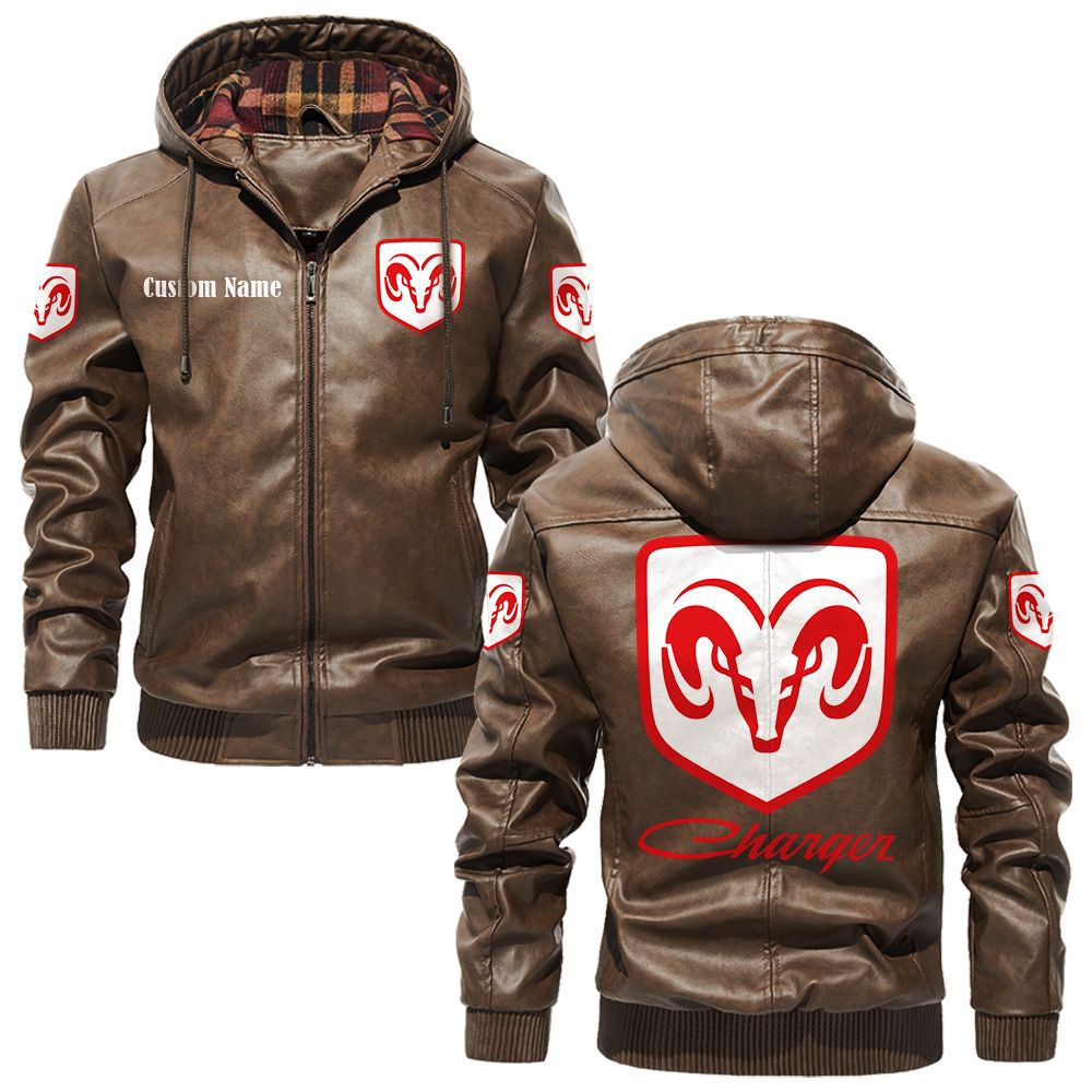 Custom Name Dodge Charger PU Leather Hooded Jacket - Personalized Logo Car Motorcycle Model - Image 3