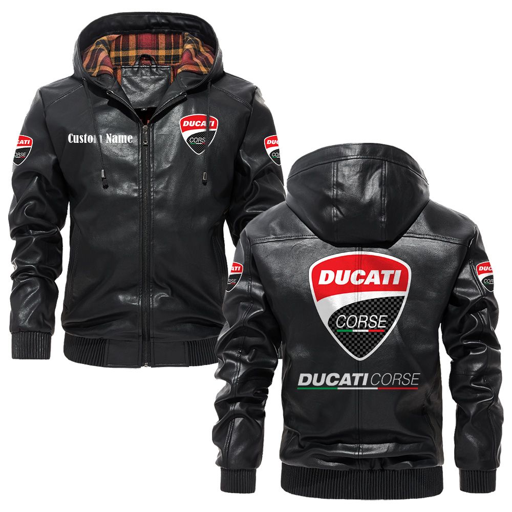 Custom Name Ducati Corse PU Leather Hooded Jacket - Personalized Logo Car Motorcycle Model