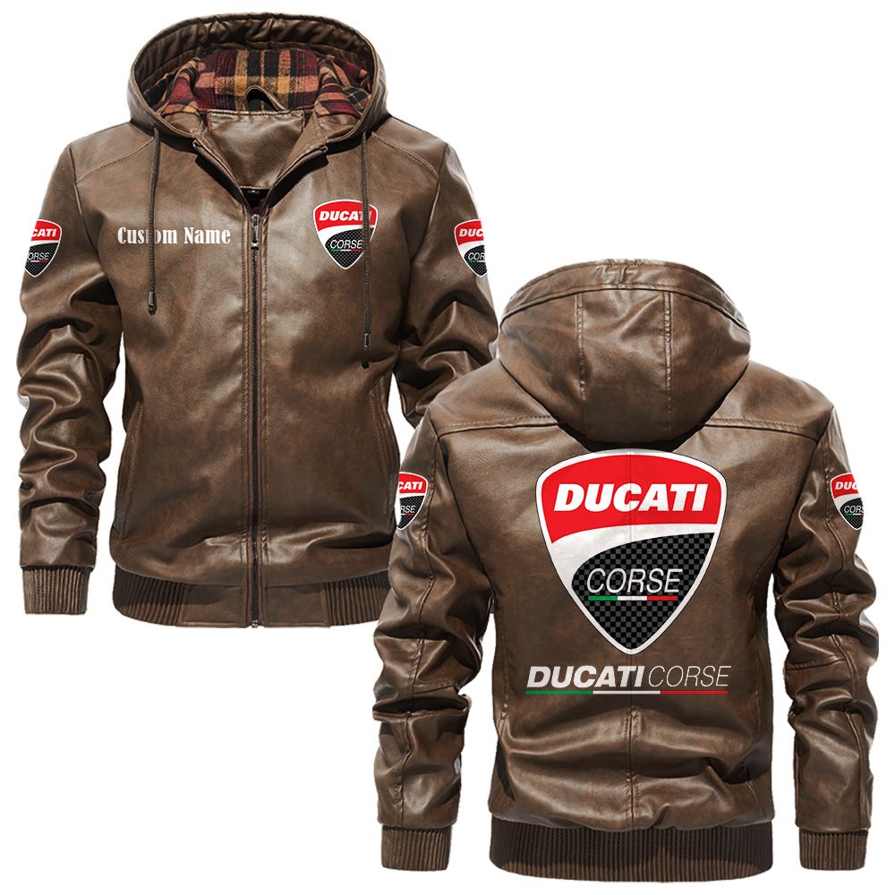 Custom Name Ducati Corse PU Leather Hooded Jacket - Personalized Logo Car Motorcycle Model - Image 3