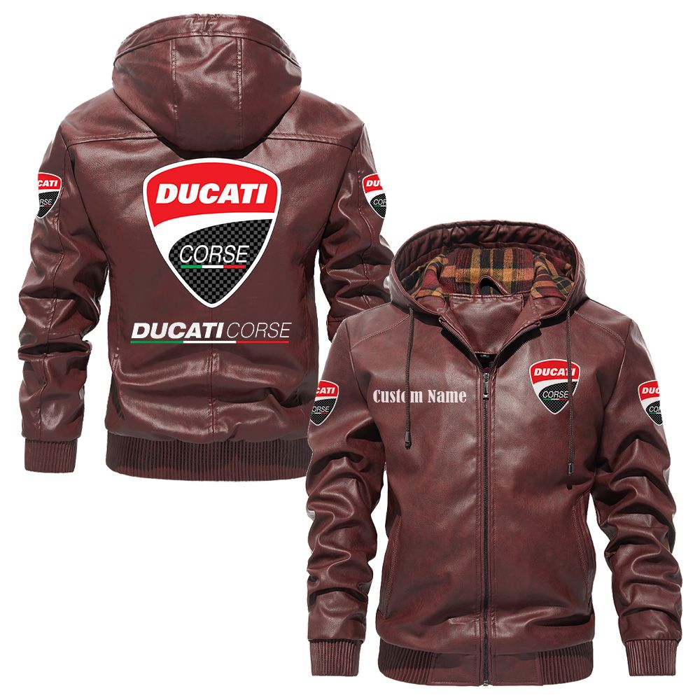 Custom Name Ducati Corse PU Leather Hooded Jacket - Personalized Logo Car Motorcycle Model - Image 2