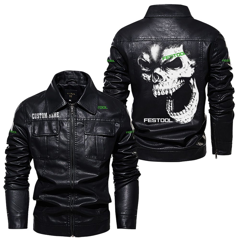 Custom Name Festool Skull Leather Jacket - Personalized Logo Car Motorcycle Model - Image 7