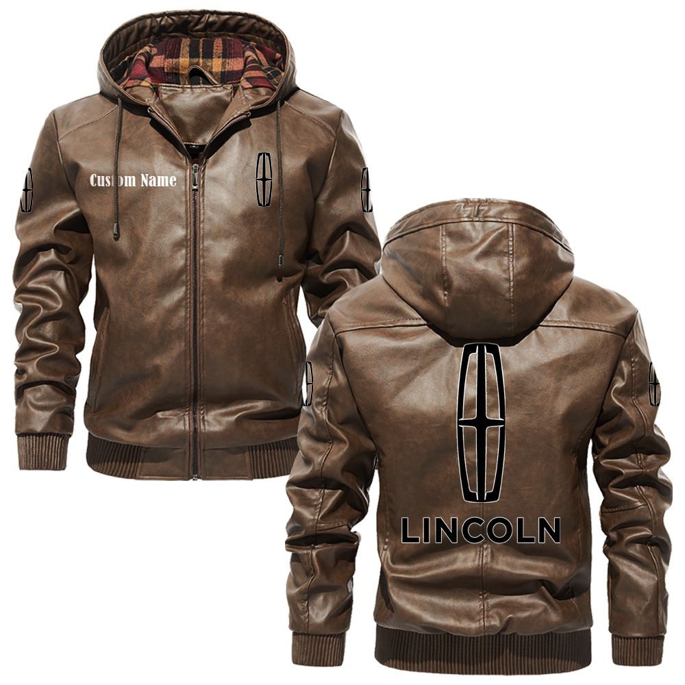 Custom Name Lincoln PU Leather Hooded Jacket - Personalized Logo Car Motorcycle Model - Image 3