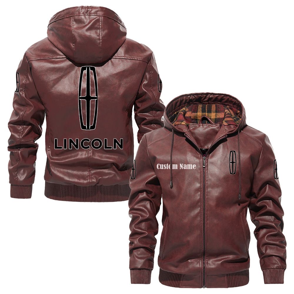 Custom Name Lincoln PU Leather Hooded Jacket - Personalized Logo Car Motorcycle Model - Image 2