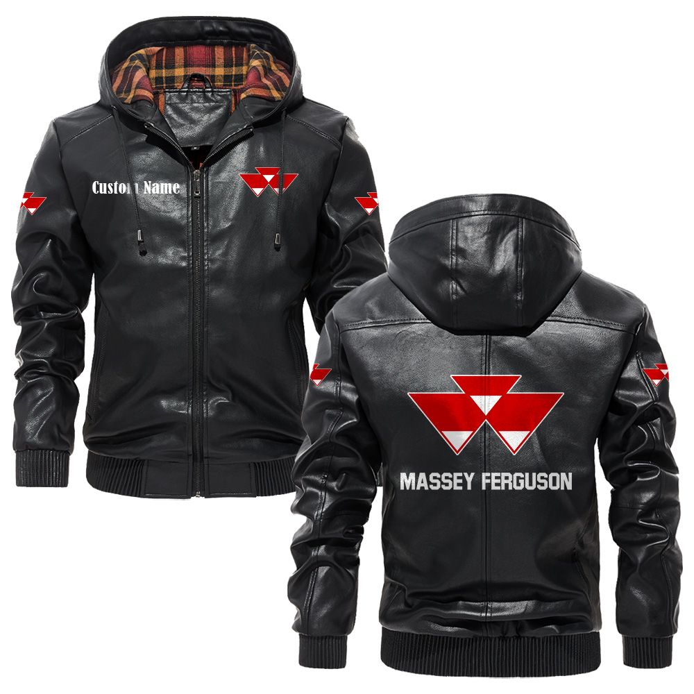 Custom Name Massey Ferguson PU Leather Hooded Jacket - Personalized Logo Car Motorcycle Model