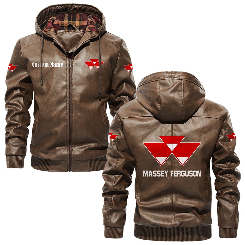 Custom Name Massey Ferguson PU Leather Hooded Jacket - Personalized Logo Car Motorcycle Model - Image 3