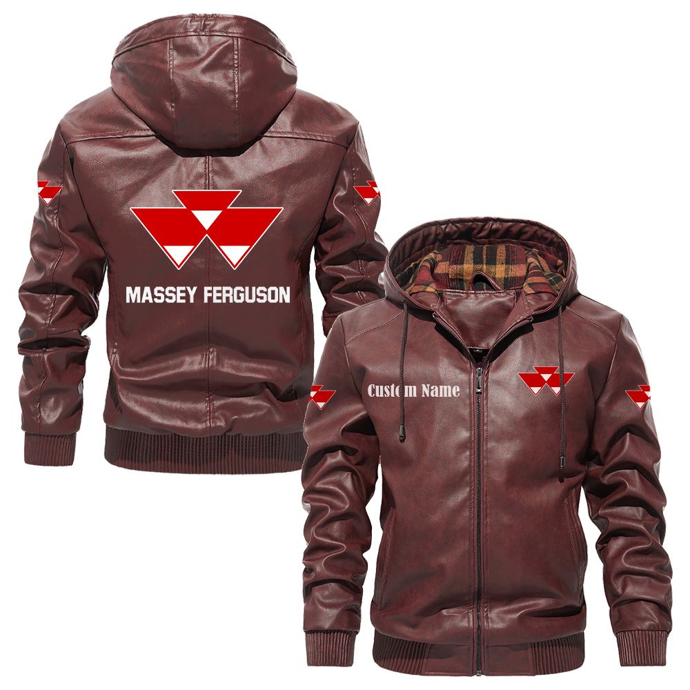 Custom Name Massey Ferguson PU Leather Hooded Jacket - Personalized Logo Car Motorcycle Model - Image 2