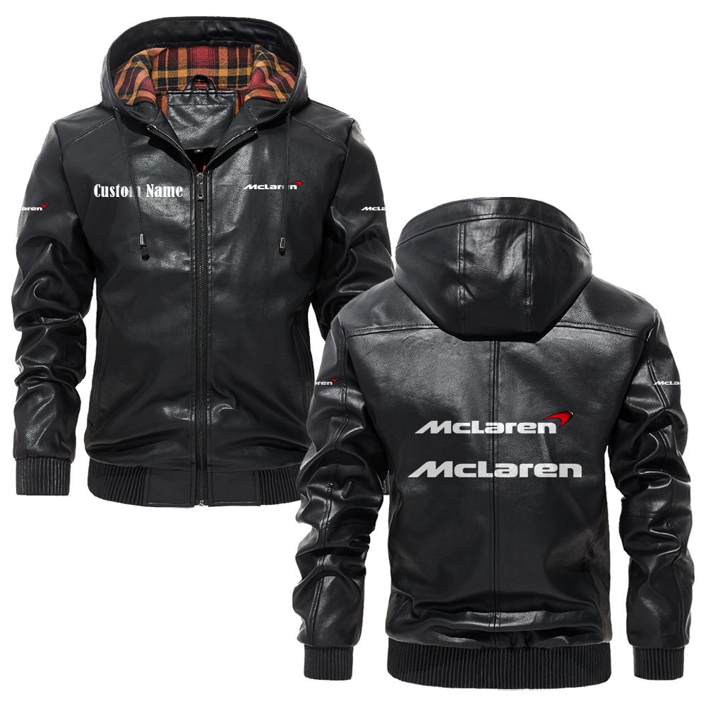 Custom Name Mclaren Automotive PU Leather Hooded Jacket - Personalized Logo Car Motorcycle Model