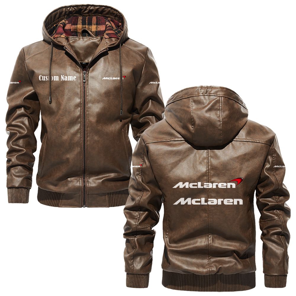 Custom Name Mclaren Automotive PU Leather Hooded Jacket - Personalized Logo Car Motorcycle Model - Image 3