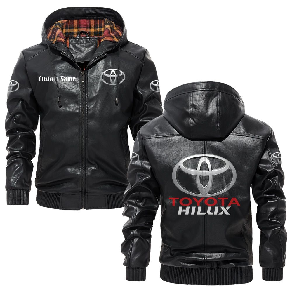 Custom Name Toyota Hilux PU Leather Hooded Jacket - Personalized Logo Car Motorcycle Model