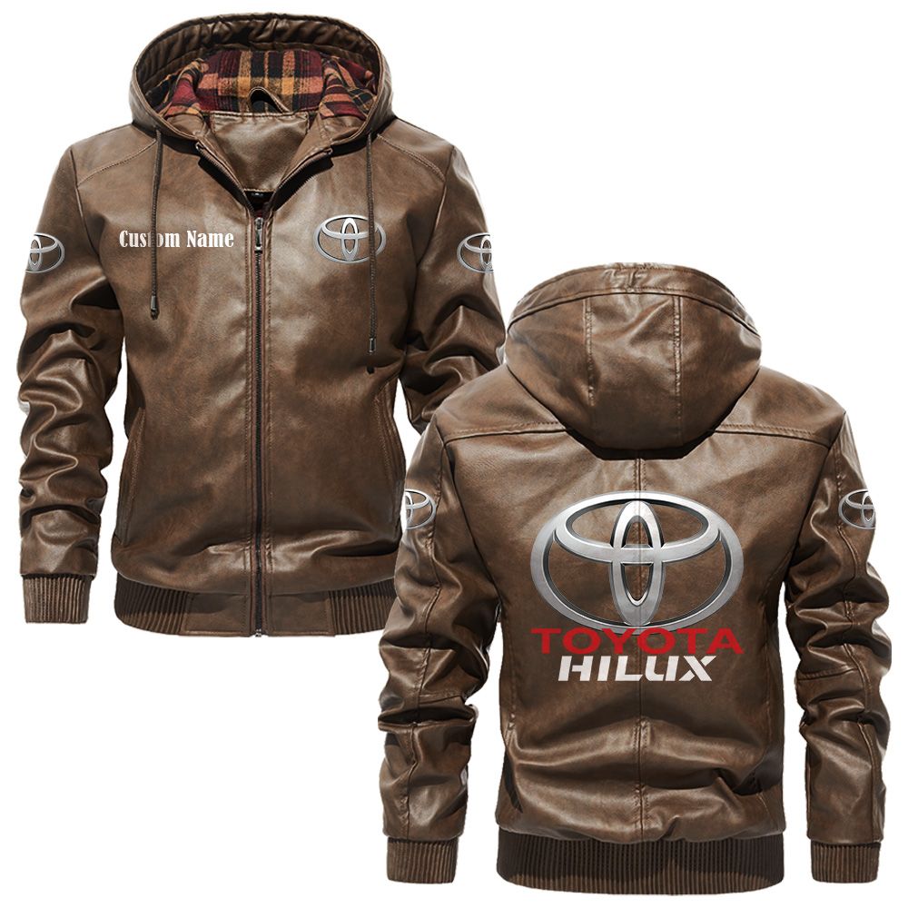 Custom Name Toyota Hilux PU Leather Hooded Jacket - Personalized Logo Car Motorcycle Model - Image 3