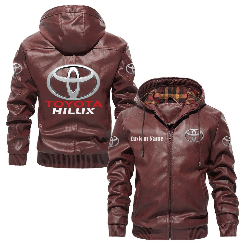 Custom Name Toyota Hilux PU Leather Hooded Jacket - Personalized Logo Car Motorcycle Model - Image 2