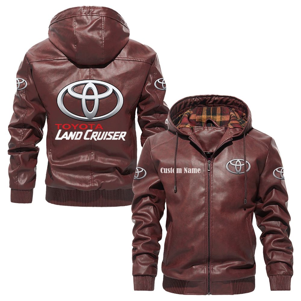 Custom Name Toyota Land Cruiser PU Leather Hooded Jacket - Personalized Logo Car Motorcycle Model - Image 2