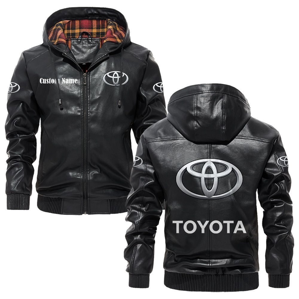 Custom Name Toyota Motor Corporation PU Leather Hooded Jacket - Personalized Logo Car Motorcycle Model