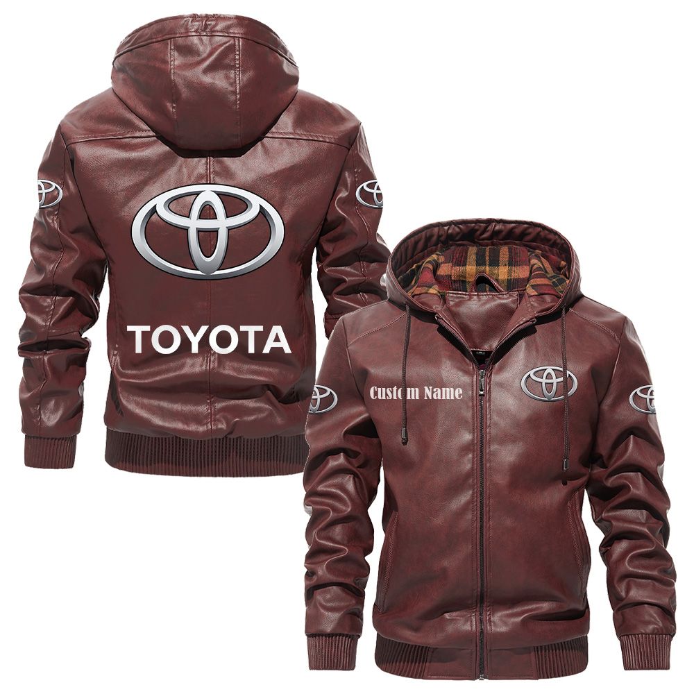 Custom Name Toyota Motor Corporation PU Leather Hooded Jacket - Personalized Logo Car Motorcycle Model - Image 2