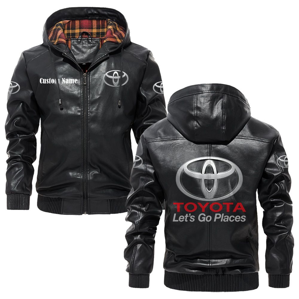 Custom Name Toyota Leather Hooded Jacket - Personalized Logo Car Motorcycle Model