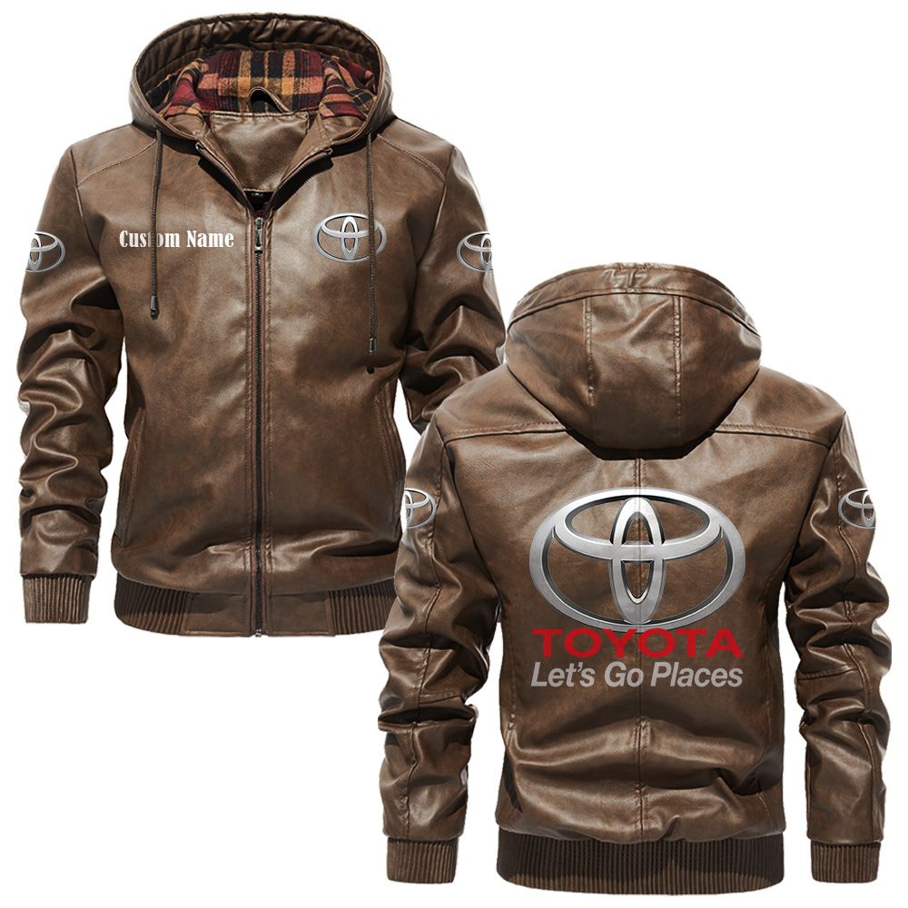 Custom Name Toyota Leather Hooded Jacket - Personalized Logo Car Motorcycle Model - Image 3