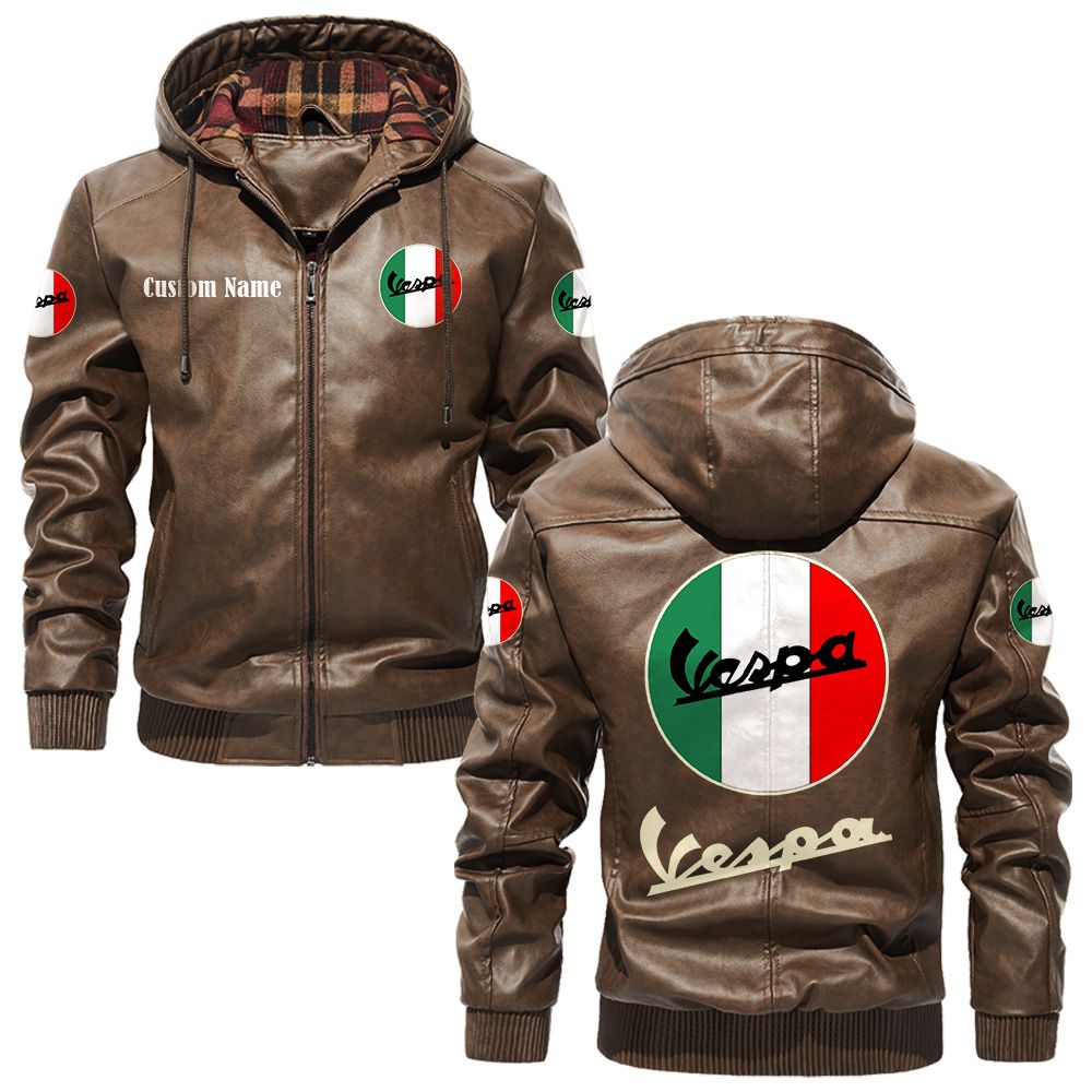 Custom Name Vespa PU Leather Hooded Jacket - Personalized Logo Car Motorcycle Model - Image 3