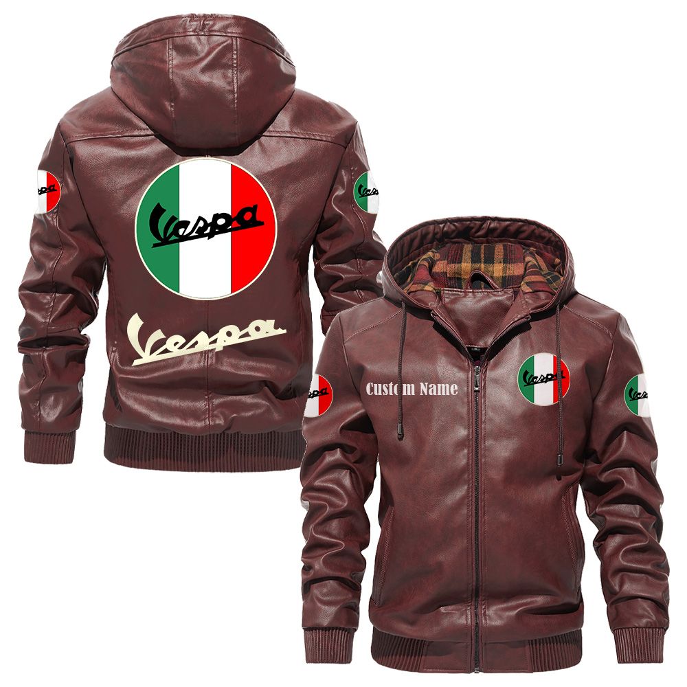 Custom Name Vespa PU Leather Hooded Jacket - Personalized Logo Car Motorcycle Model - Image 2