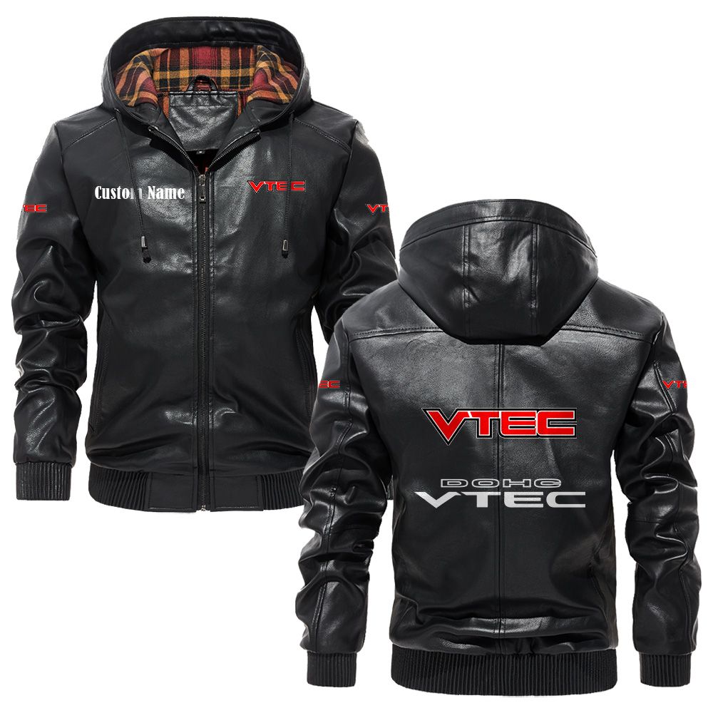 Custom Name DOHC VTEC PU Leather Hooded Jacket - Personalized Logo Car Motorcycle Model