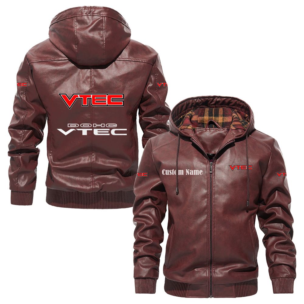 Custom Name DOHC VTEC PU Leather Hooded Jacket - Personalized Logo Car Motorcycle Model - Image 2