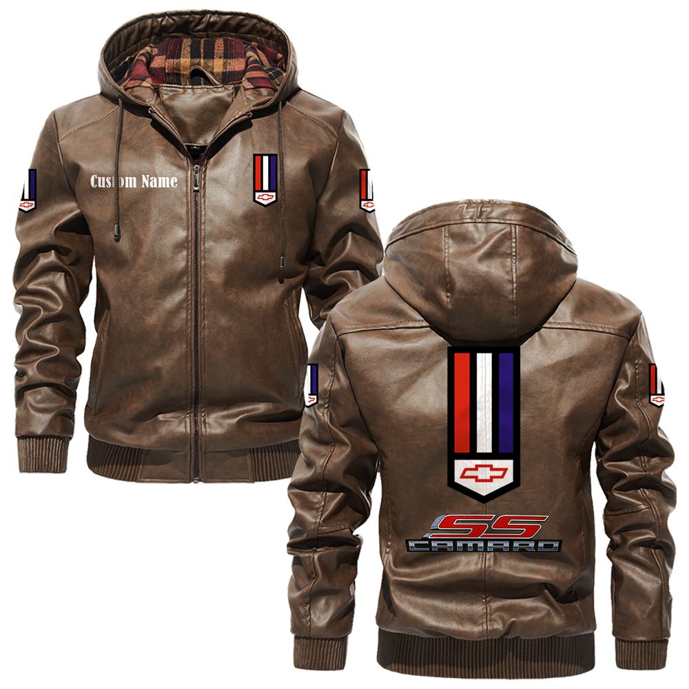 Custom Name Camaro Ss PU Leather Hooded Jacket - Personalized Logo Car Motorcycle Model - Image 3