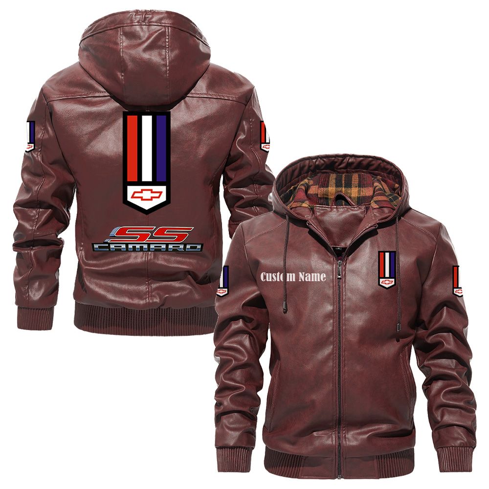 Custom Name Camaro Ss PU Leather Hooded Jacket - Personalized Logo Car Motorcycle Model - Image 2
