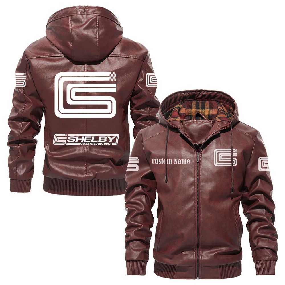 Custom Name Carroll Shelby PU Leather Hooded Jacket - Personalized Logo Car Motorcycle Model - Image 2