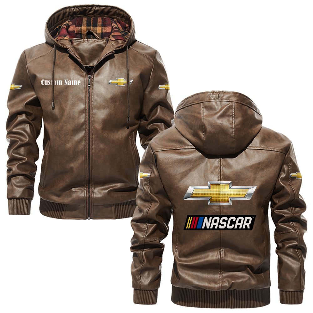 Custom Name Chevy Nascar PU Leather Hooded Jacket - Personalized Logo Car Motorcycle Model - Image 3