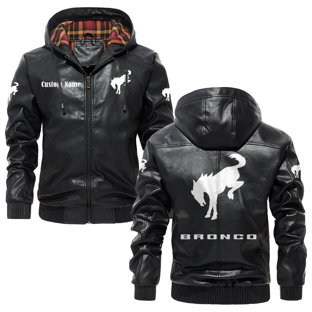 Custom Name Ford Bronco PU Leather Hooded Jacket - Personalized Logo Car Motorcycle Model