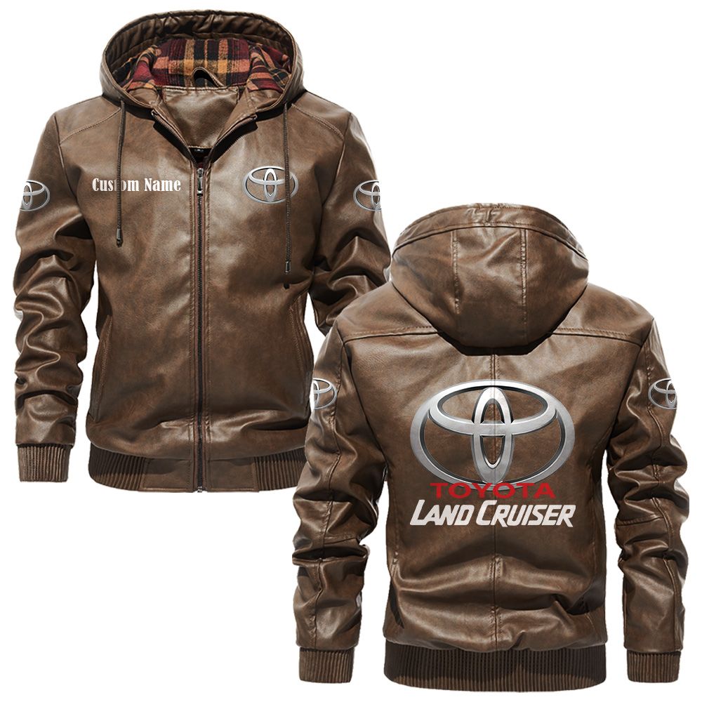 Custom Name Land Cruiser PU Leather Hooded Jacket - Personalized Logo Car Motorcycle Model - Image 3