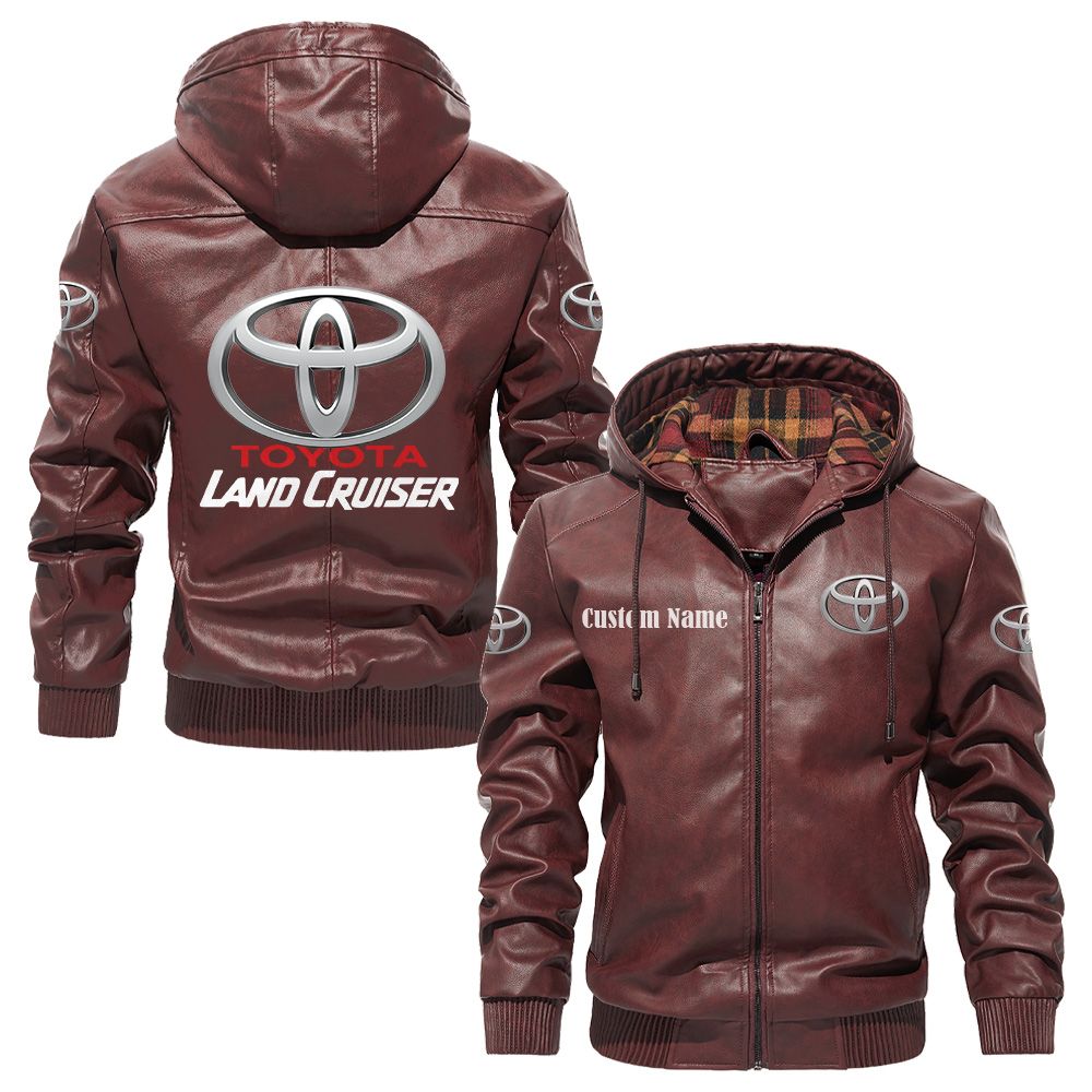 Custom Name Land Cruiser PU Leather Hooded Jacket - Personalized Logo Car Motorcycle Model - Image 2