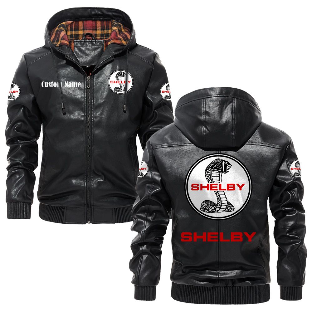 Custom Name Shelby Cobra PU Leather Hooded Jacket - Personalized Logo Car Motorcycle Model