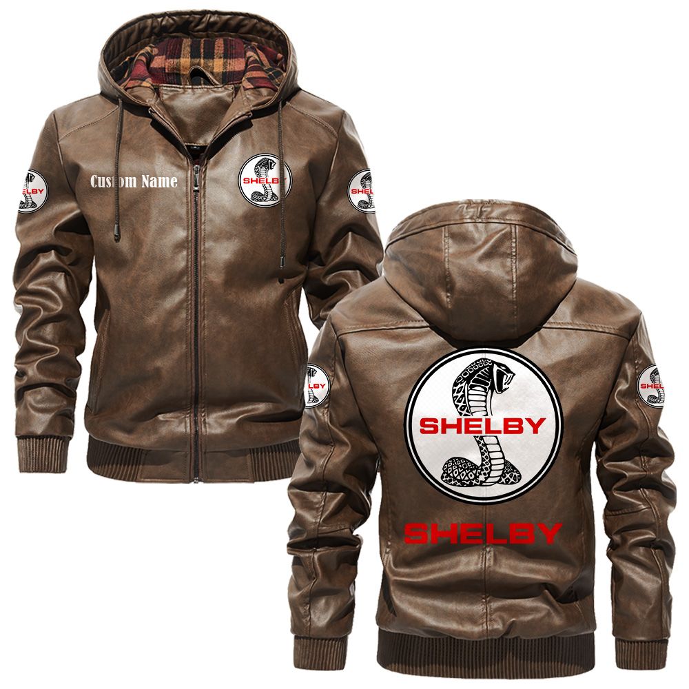Custom Name Shelby Cobra PU Leather Hooded Jacket - Personalized Logo Car Motorcycle Model - Image 3