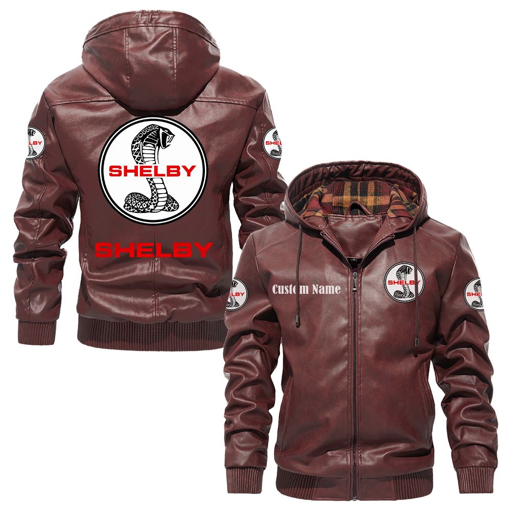 Custom Name Shelby Cobra PU Leather Hooded Jacket - Personalized Logo Car Motorcycle Model - Image 2