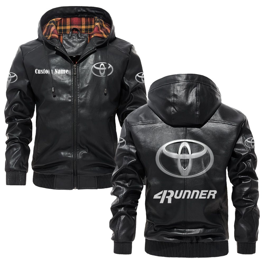 Custom Name Toyota 4runner PU Leather Hooded Jacket - Personalized Logo Car Motorcycle Model