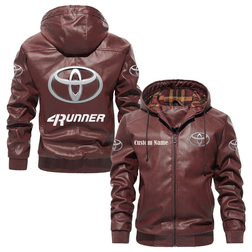 Custom Name Toyota 4runner PU Leather Hooded Jacket - Personalized Logo Car Motorcycle Model - Image 2