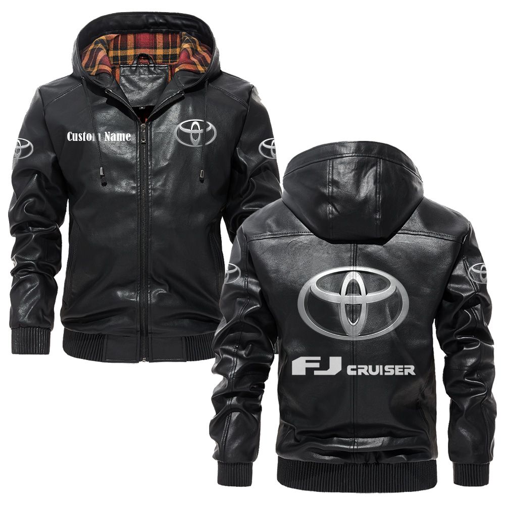 Custom Name Toyota Fj Cruiser PU Leather Hooded Jacket - Personalized Logo Car Motorcycle Model