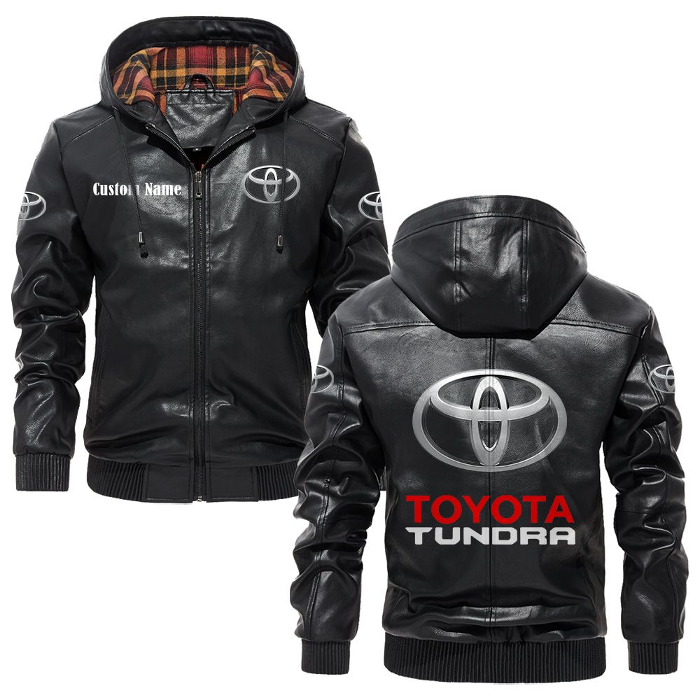 Custom Name Toyota Tundra PU Leather Hooded Jacket - Personalized Logo Car Motorcycle Model