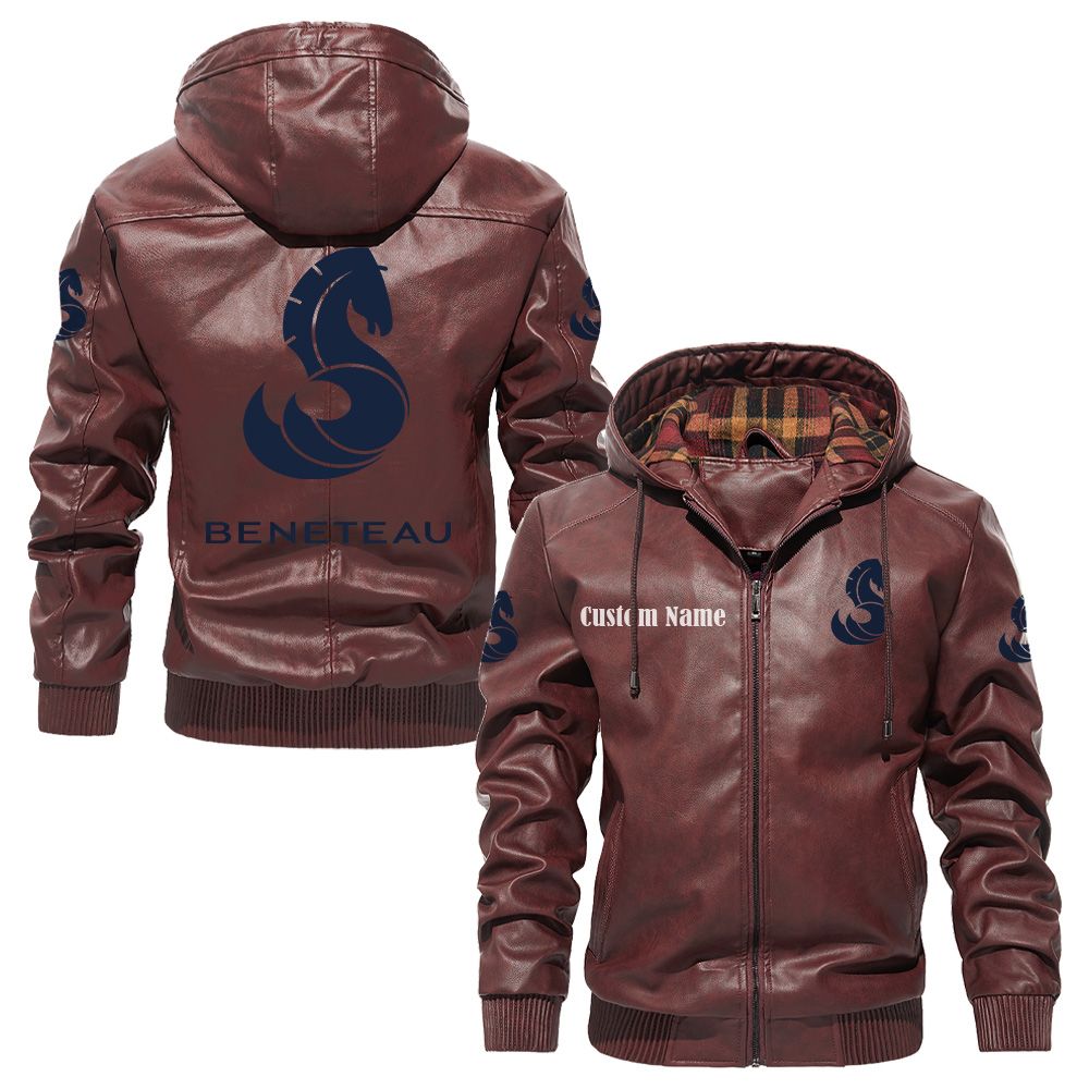 Custom Name Beneteau PU Leather Hooded Jacket - Personalized Logo Car Motorcycle Model - Image 2