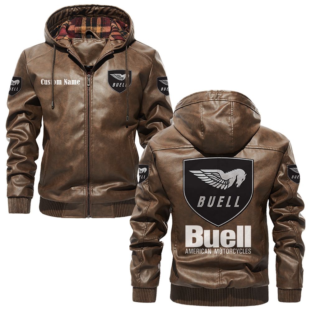 Custom Name Buell Motorcycles PU Leather Hooded Jacket - Personalized Logo Car Motorcycle Model - Image 3