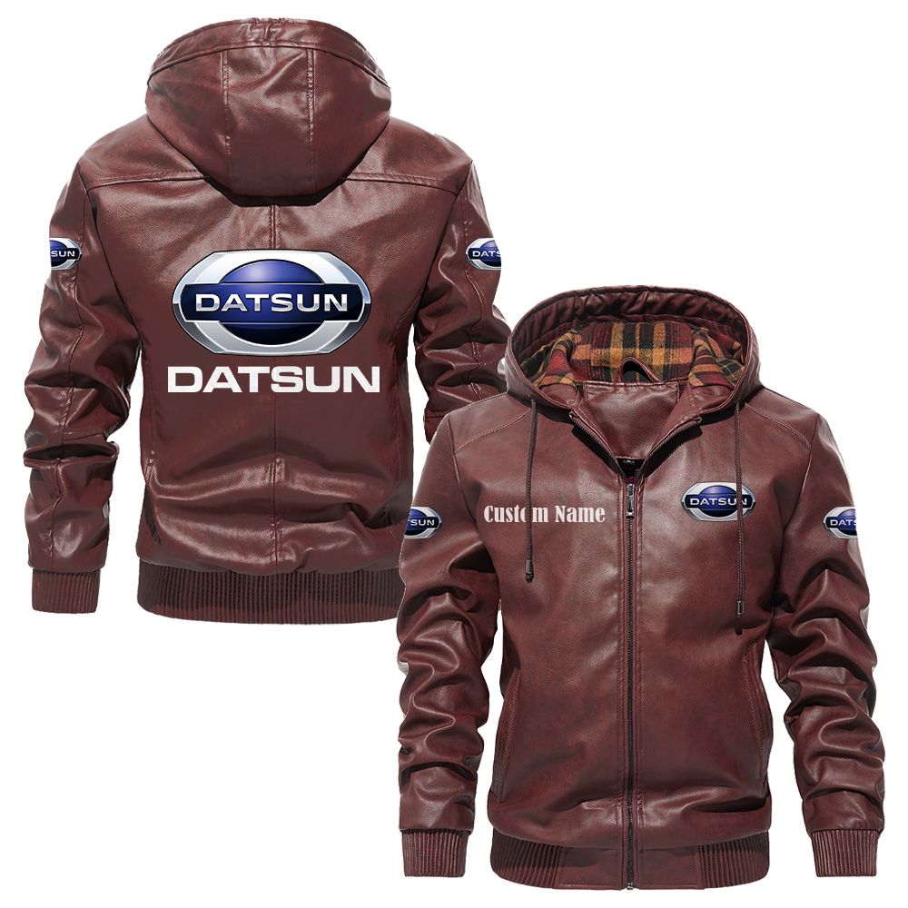 Custom Name Datsun PU Leather Hooded Jacket - Personalized Logo Car Motorcycle Model - Image 2