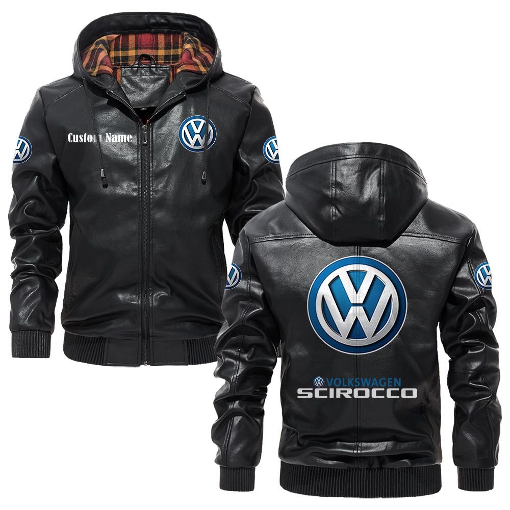 Custom Name Volkswagen Scirocco PU Leather Hooded Jacket - Personalized Logo Car Motorcycle Model