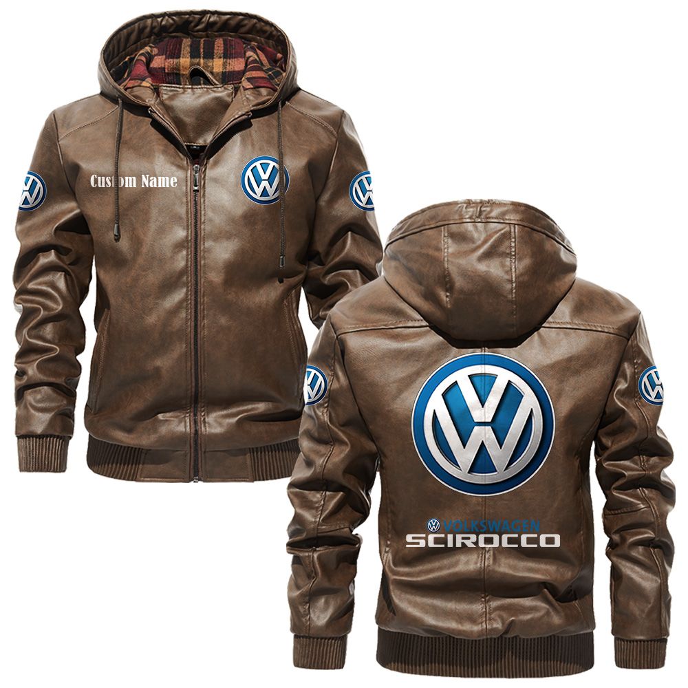 Custom Name Volkswagen Scirocco PU Leather Hooded Jacket - Personalized Logo Car Motorcycle Model - Image 3